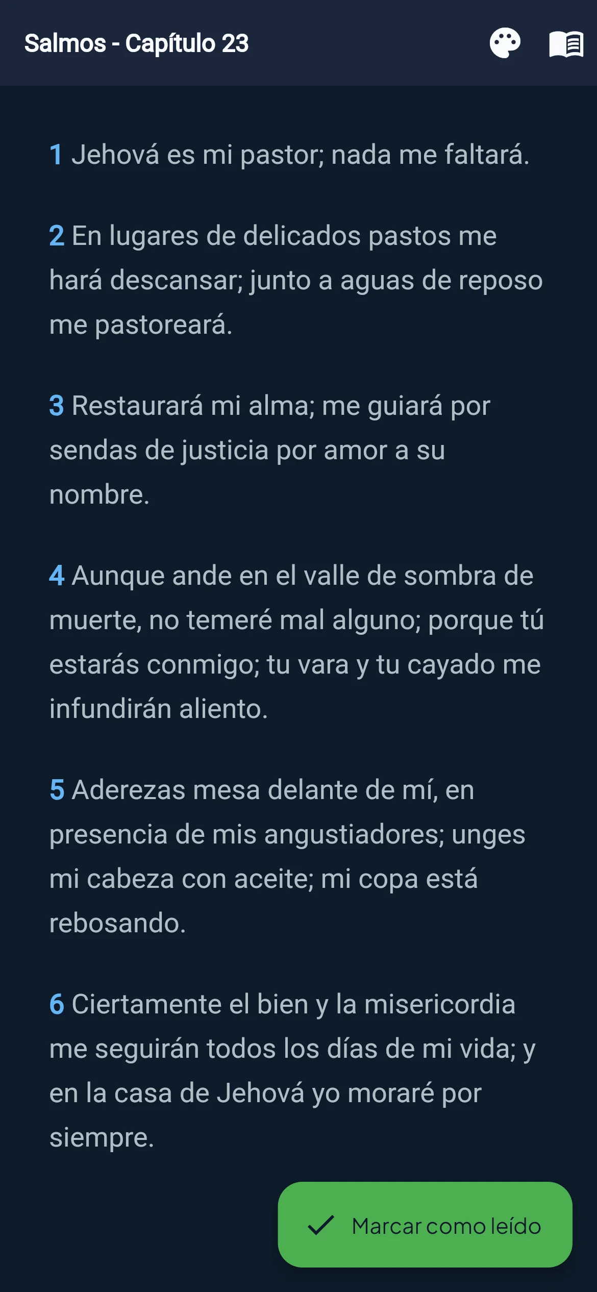 Pantalla de lectura bíblica de BibleVerse