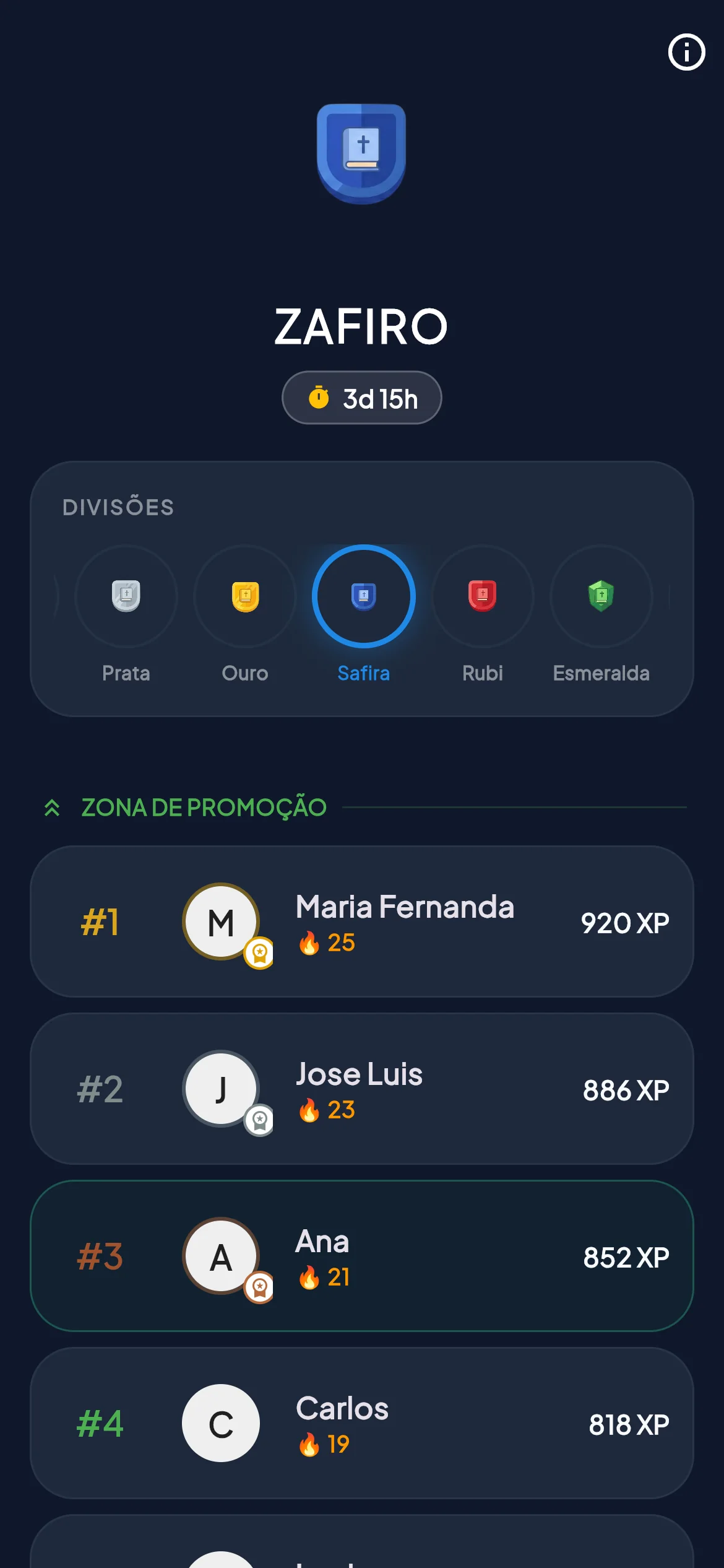 Tela de ligas do BibleVerse