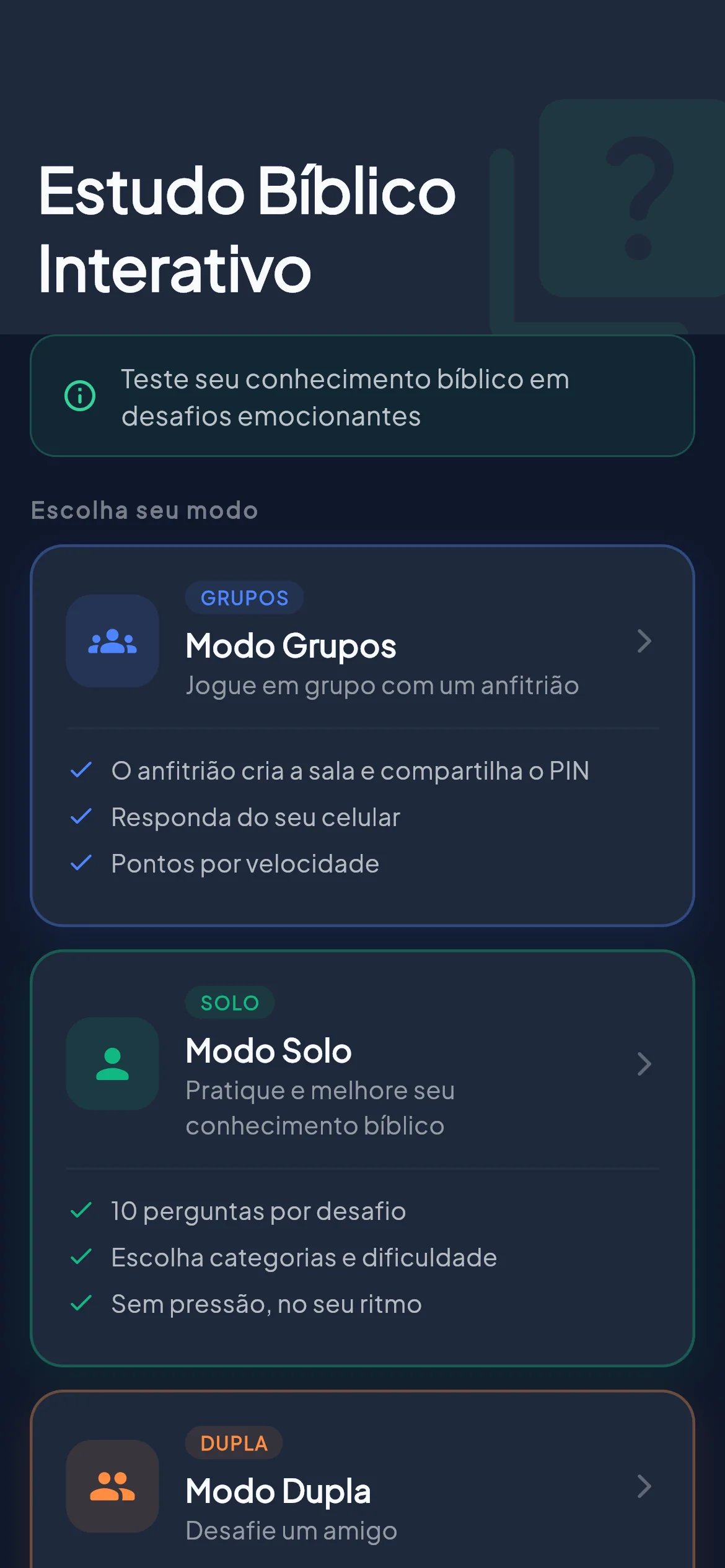 Tela de desafios diários do BibleVerse