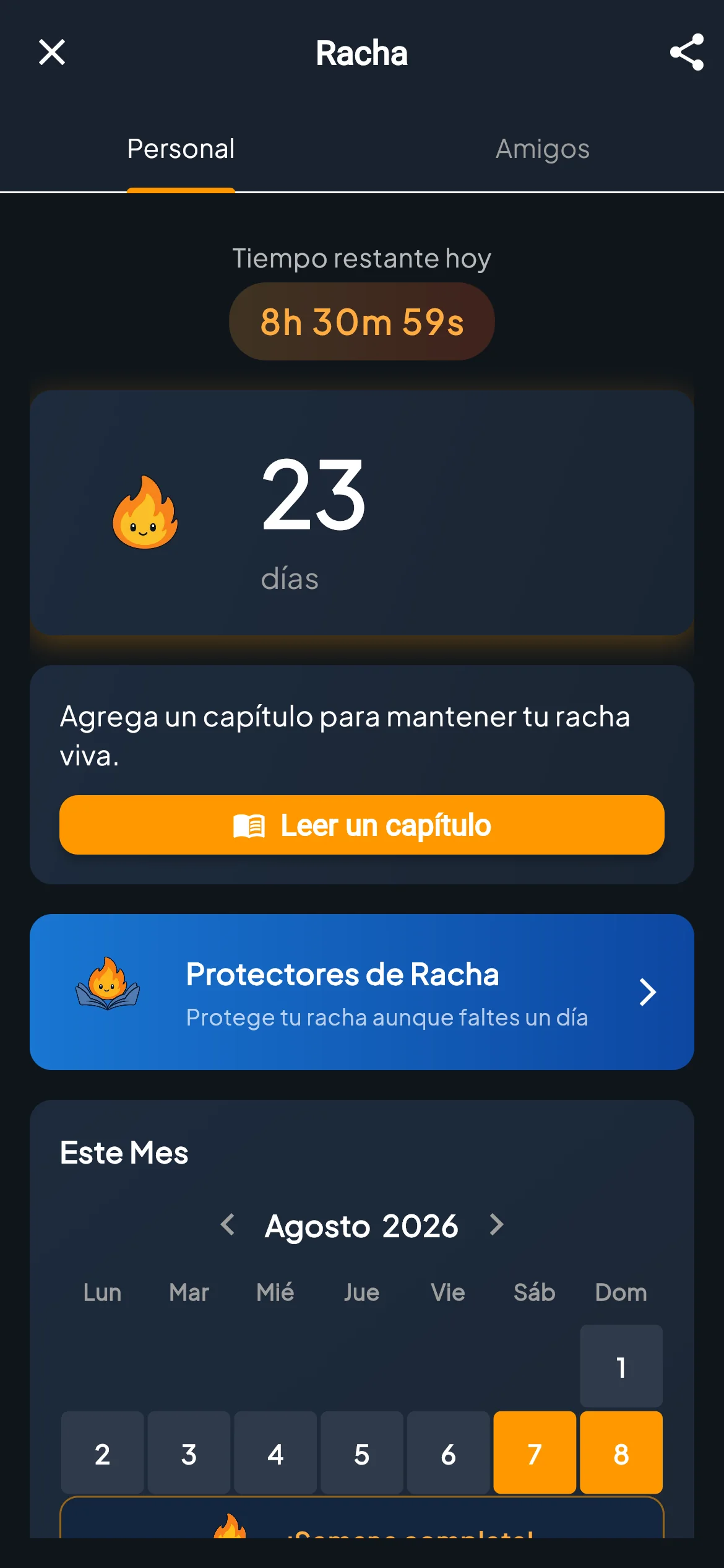 Pantalla de rachas de lectura de BibleVerse