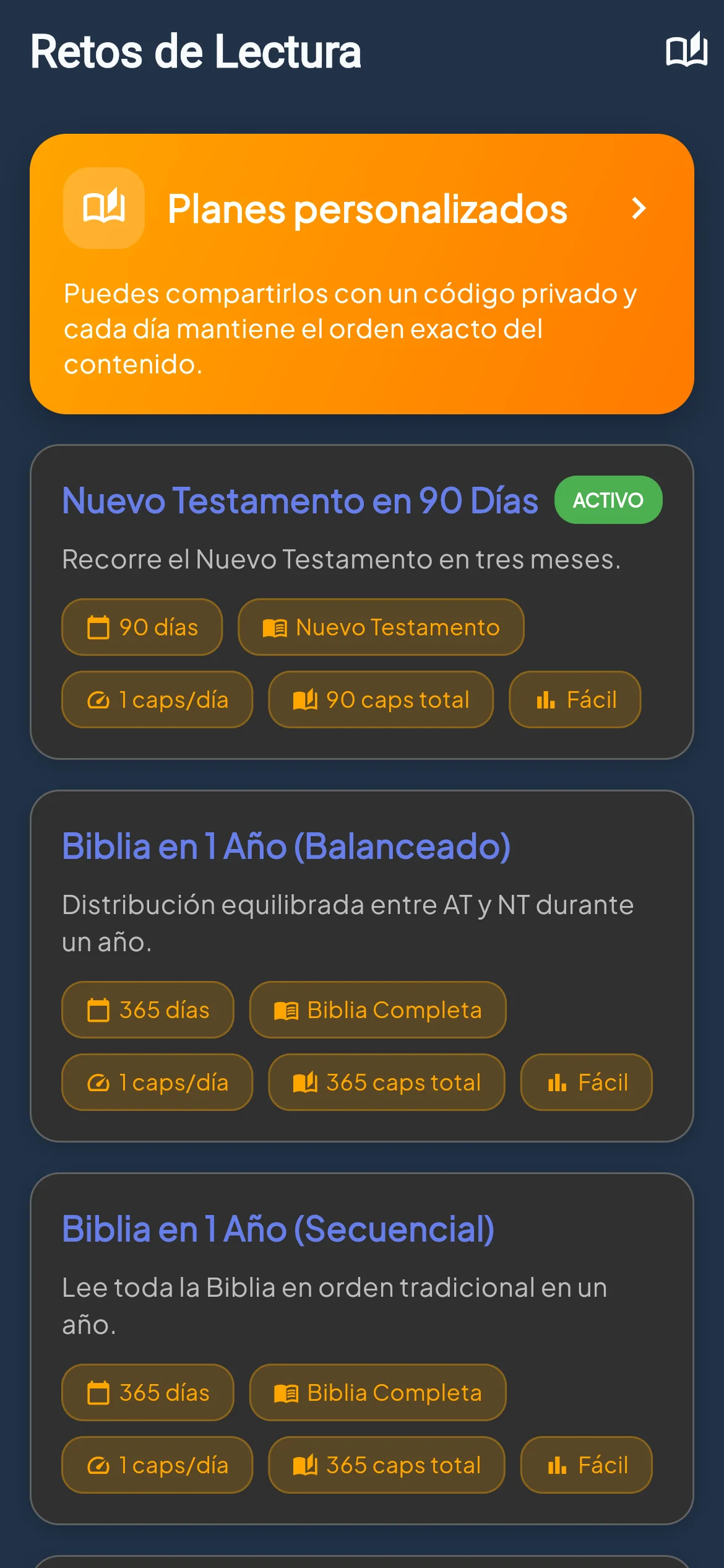 Pantalla del reto anual de BibleVerse
