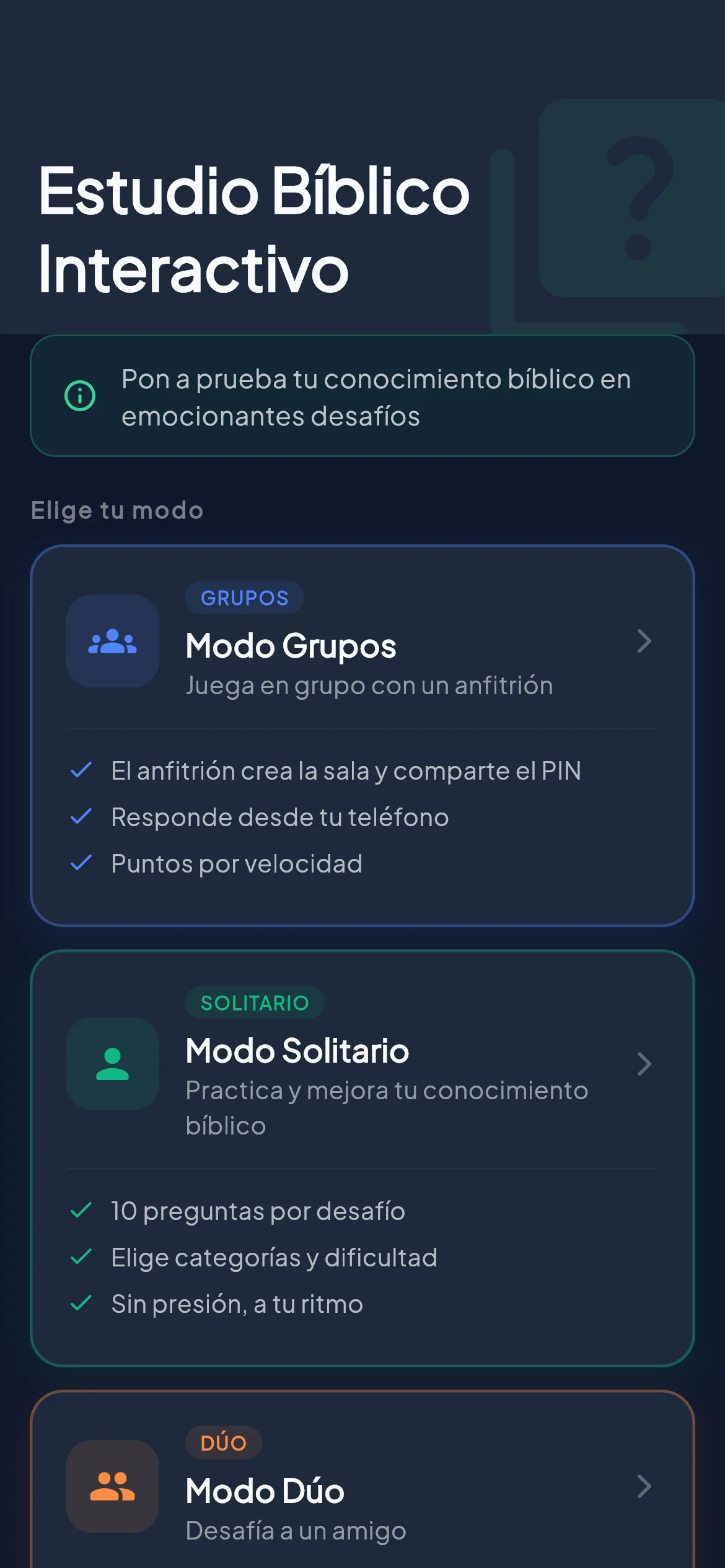 Pantalla de retos diarios de BibleVerse